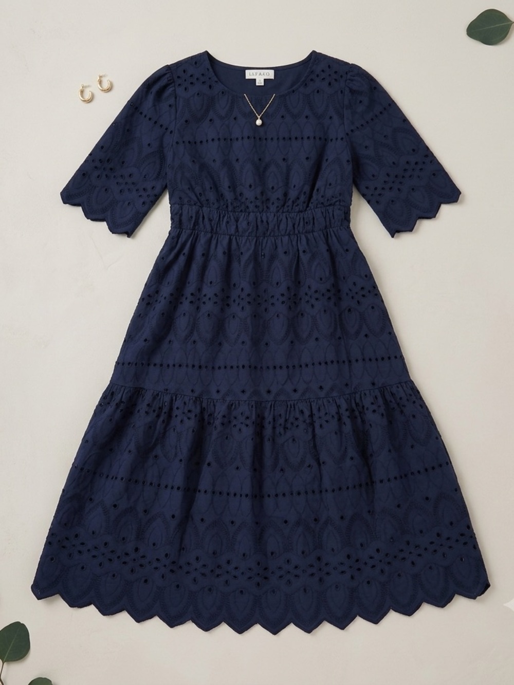 Navy Eyelet Midi Dress with Scalloped Hem